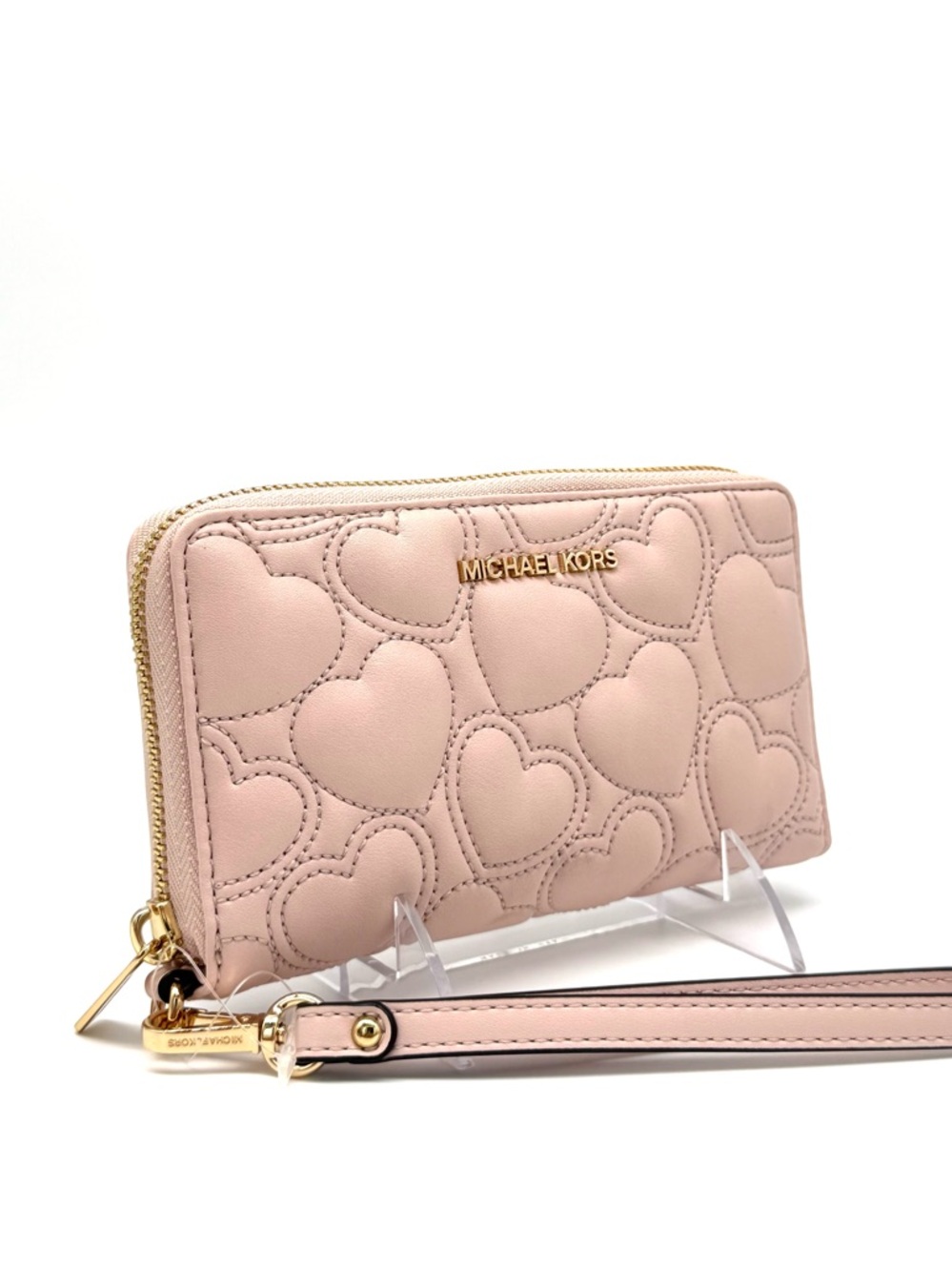 Michael Kors Large Quilted Heart Flat MF Phone Case Wallet Powder Blush